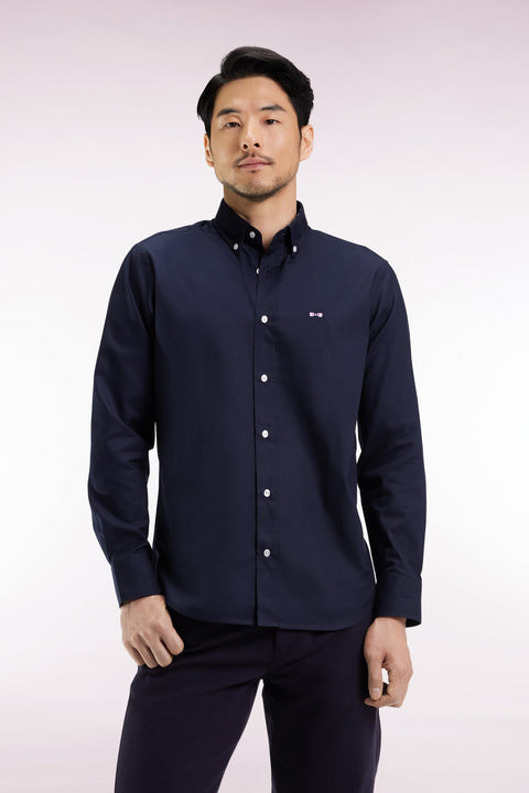Chemise en coton marine broderie rose coupe droite - Image 1