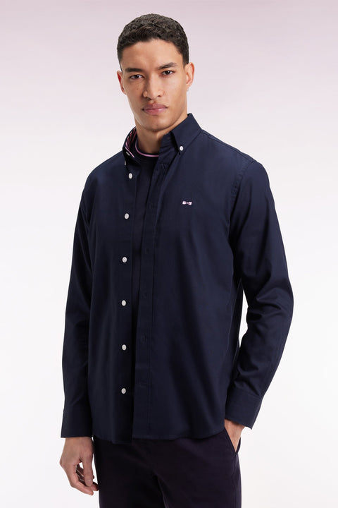 Chemise en coton pinpoint marine broderie 10 dos coupe droite - Image 1