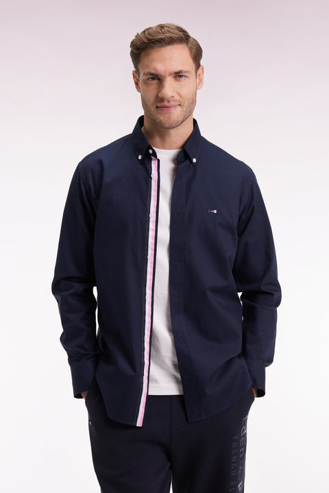 Chemise en coton pinpoint marine broderie dos coupe droite - Image 1