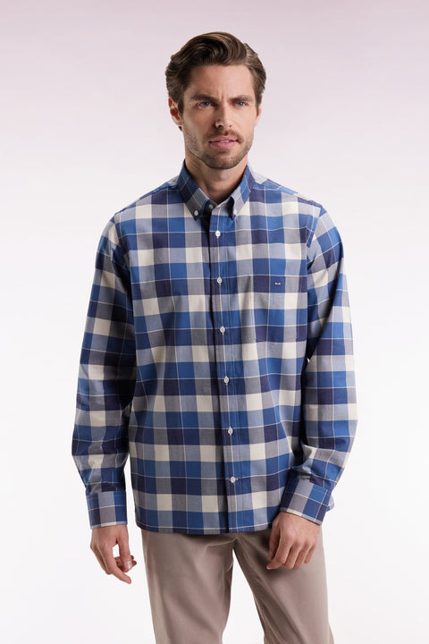 Chemise à carreaux en coton bleu coupe droite - Image 1