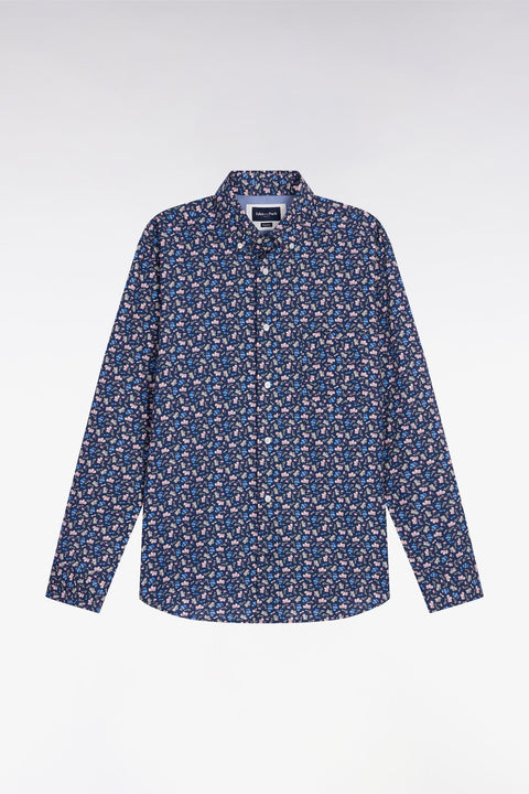 Chemise en coton bleu à micro-motifs fleurs coupe droite - Image 2