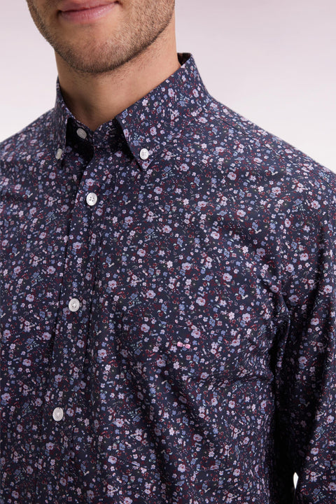 Chemise en coton marine à micro-motifs fleurs coupe droite - Image 3