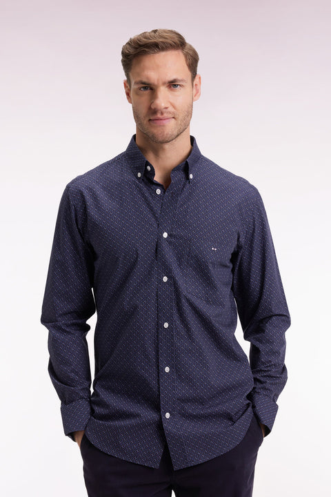 Chemise en coton marine à micro-motifs nœuds papillon coupe droite - Image 1