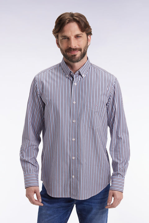 Chemise en coton marine à rayures contrastées coupe droite - Image 1
