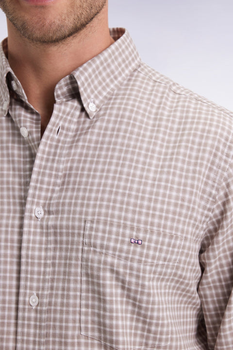 Chemise en coton à carreaux beige coupe droite - Image 3
