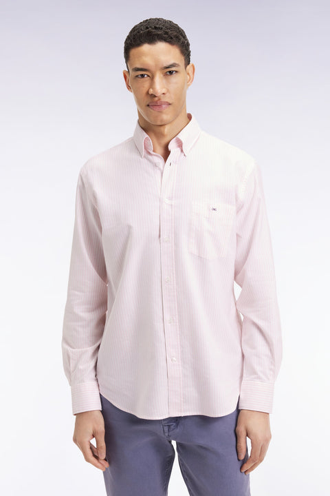 Chemise en popeline de coton rayée rose coupe droite - Image 1