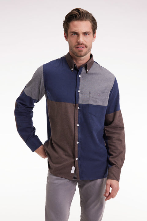 Chemise tricolore en flanelle de coton marine coupe droite - Image 1