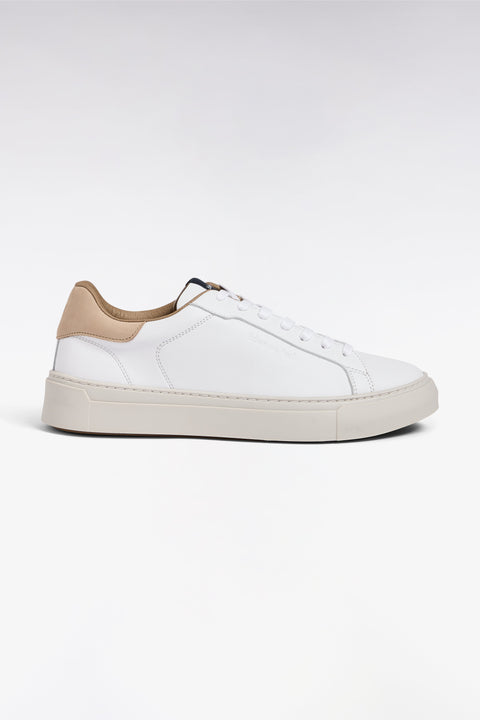 Baskets basses bimatières en cuir blanc et cuir suédé sable - Image 1