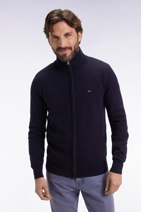 Cardigan zippé en laine et coton marine coupe droite - Image 1