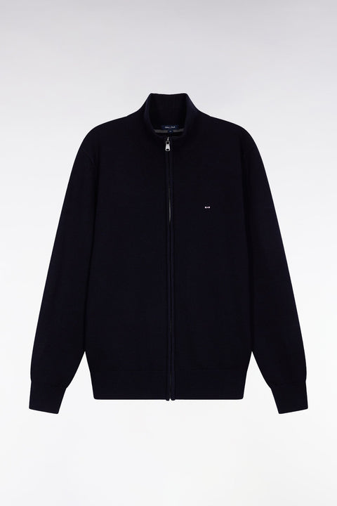 Cardigan zippé en laine et coton marine coupe droite - Image 2
