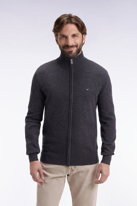 Cardigan zippé en laine et coton gris foncé coupe droite - Image 1