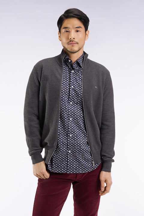 Cardigan en coton nid d'abeille gris coupe droite - Image 1