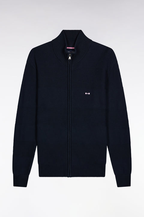 Cardigan zippé en coton nid d'abeille marine coupe droite - Image 2