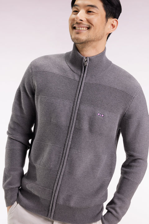 Cardigan zippé en coton nid d'abeille gris coupe droite - Image 3