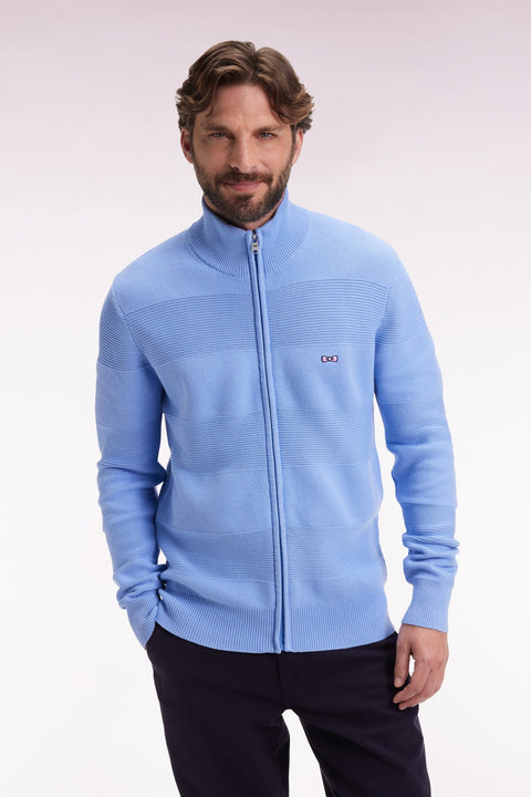 Cardigan zippé en coton nid d'abeille ciel coupe droite - Image 1