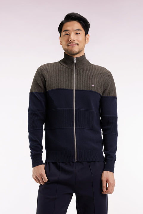 Cardigan zippé en coton bicolore marine et marron coupe droite - Image 1