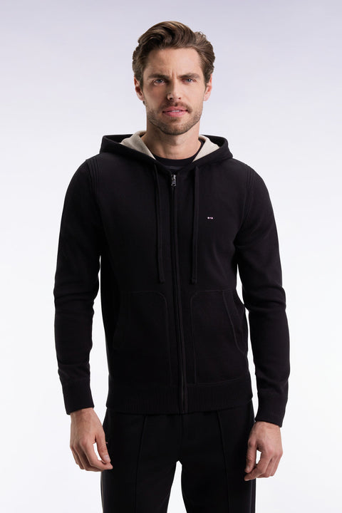Pull à capuche zippé en coton noir coupe droite - Image 1