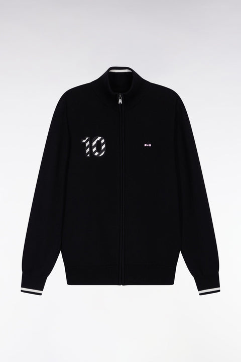 Cardigan zippé en coton marine broderie 10 noir coupe droite - Image 2