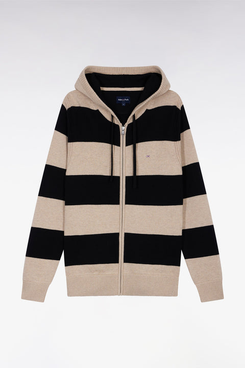 Pull à capuche zippé en laine et coton rayé marine et beige coupe droite - Image 2