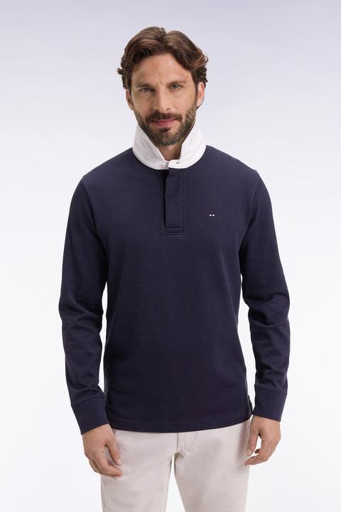 Maillot manches longues en jersey de coton Pima marine coupe droite - Image 1