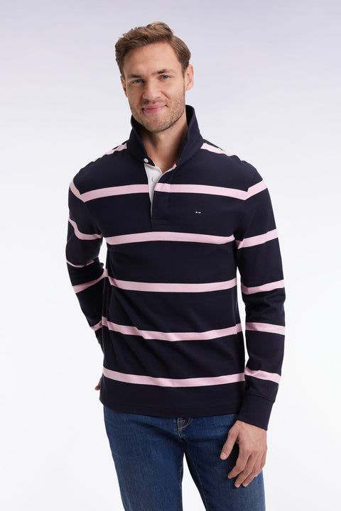 Maillot manches longues en jersey de coton marine à rayures roses - Image 1