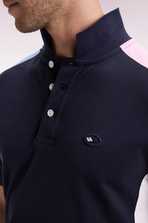 Polo à manches courtes en piqué coton marine découpes tricolores - Image 3