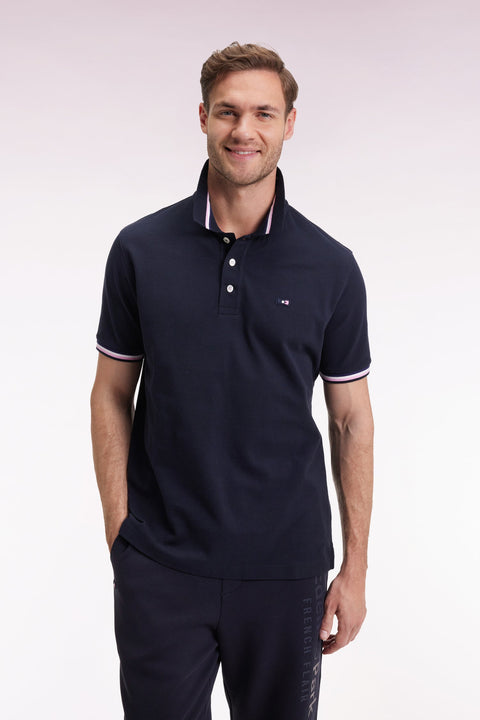 Polo manches courtes en coton marine détails rayés coupe ample - Image 1