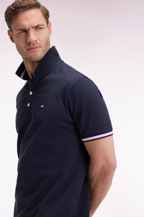 Polo manches courtes en coton marine détails rayés coupe ample - Image 3