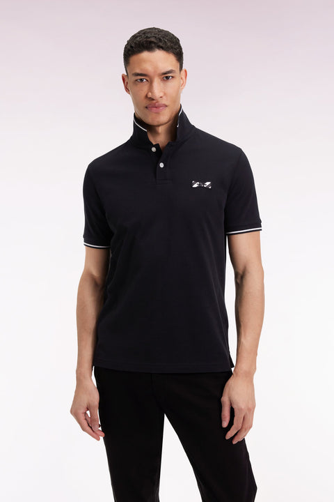 Polo à manches courtes en coton noir broderie cerclée - Image 1