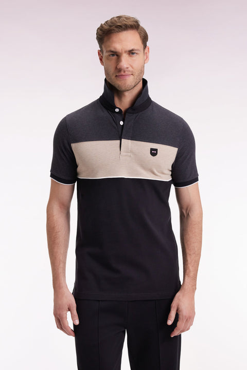 Polo tricolore manches courtes en piqué coton stretch gris coupe slim - Image 1