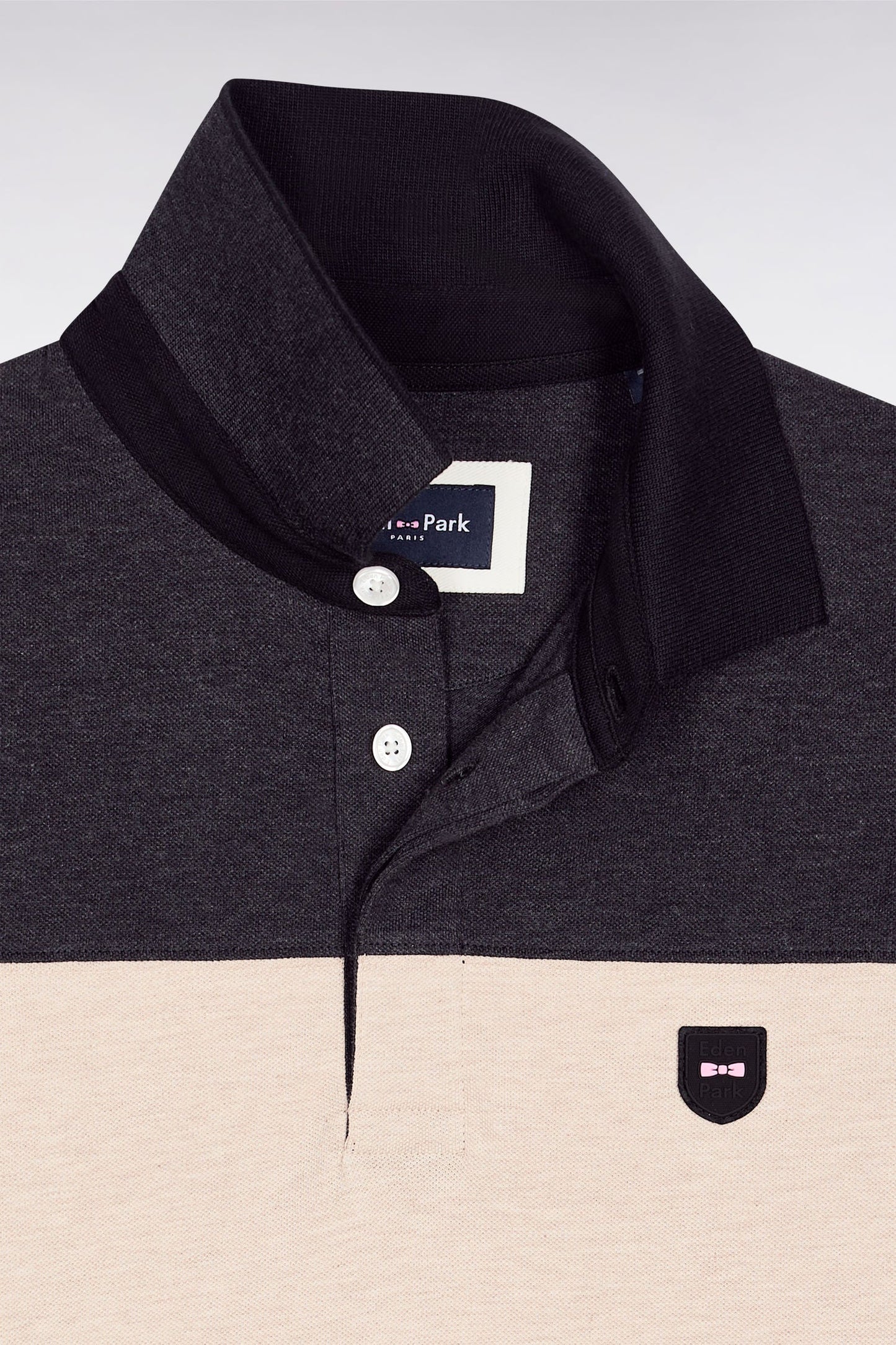 Polo tricolore manches courtes en piqué coton stretch gris coupe slim
