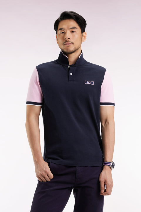 Polo manches courtes roses en piqué coton marine coupe droite - Image 1