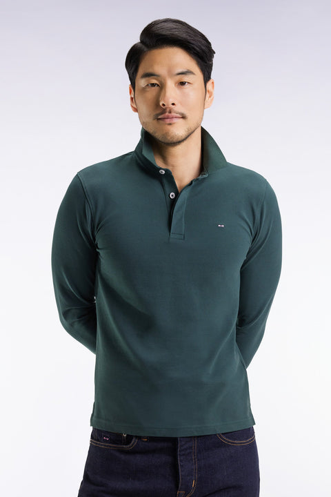 Polo à manches longues en coton stretch vert bouteille coupe slim - Image 1