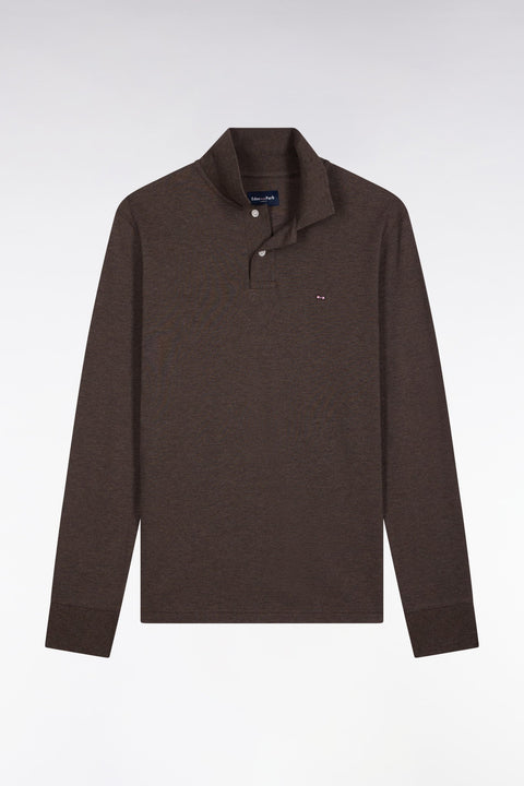 Polo à manches longues en coton chiné marron coupe droite - Image 2
