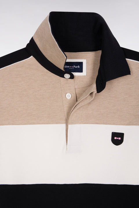 Polo tricolore à manches longues en coton stretch beige coupe slim - Image 2