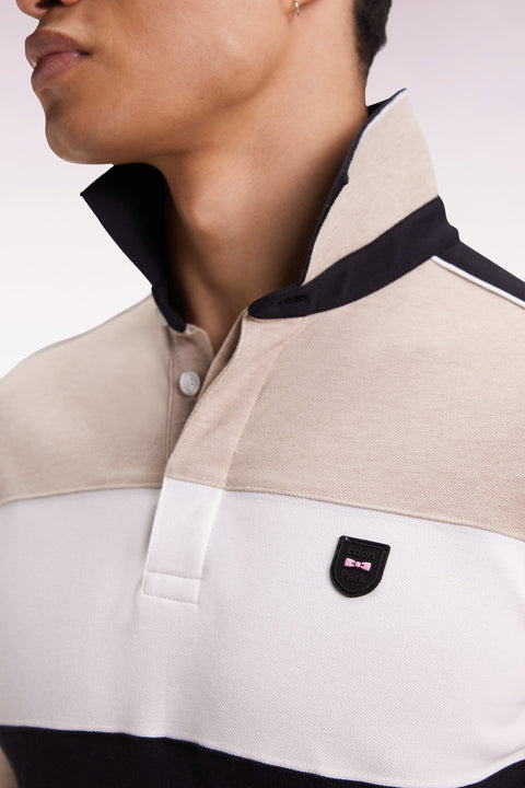 Polo tricolore à manches longues en coton stretch beige coupe slim - Image 3