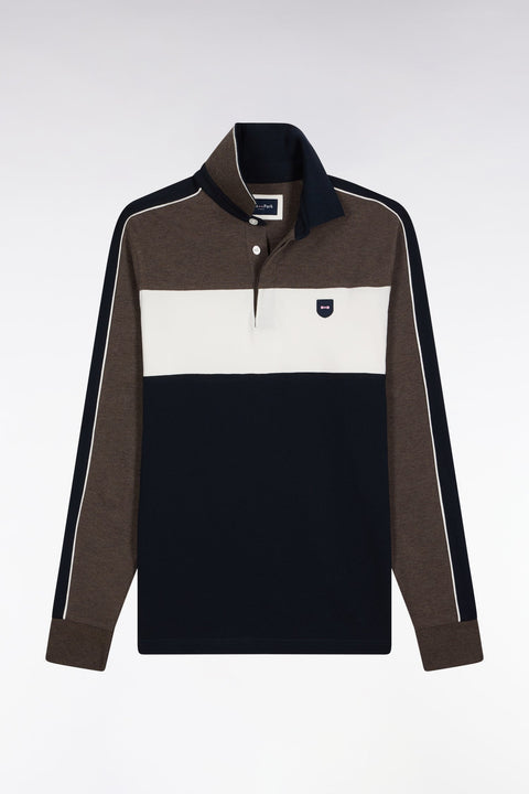 Polo tricolore à manches longues en coton stretch marron coupe slim - Image 2