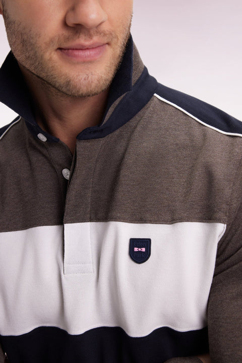 Polo tricolore à manches longues en coton stretch marron coupe slim - Image 3