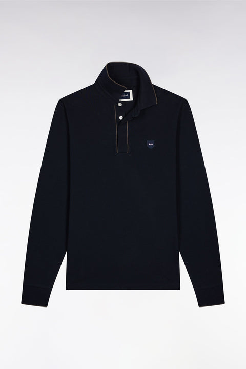 Polo à manches longues en coton stretch marine passepoilé coupe slim - Image 2