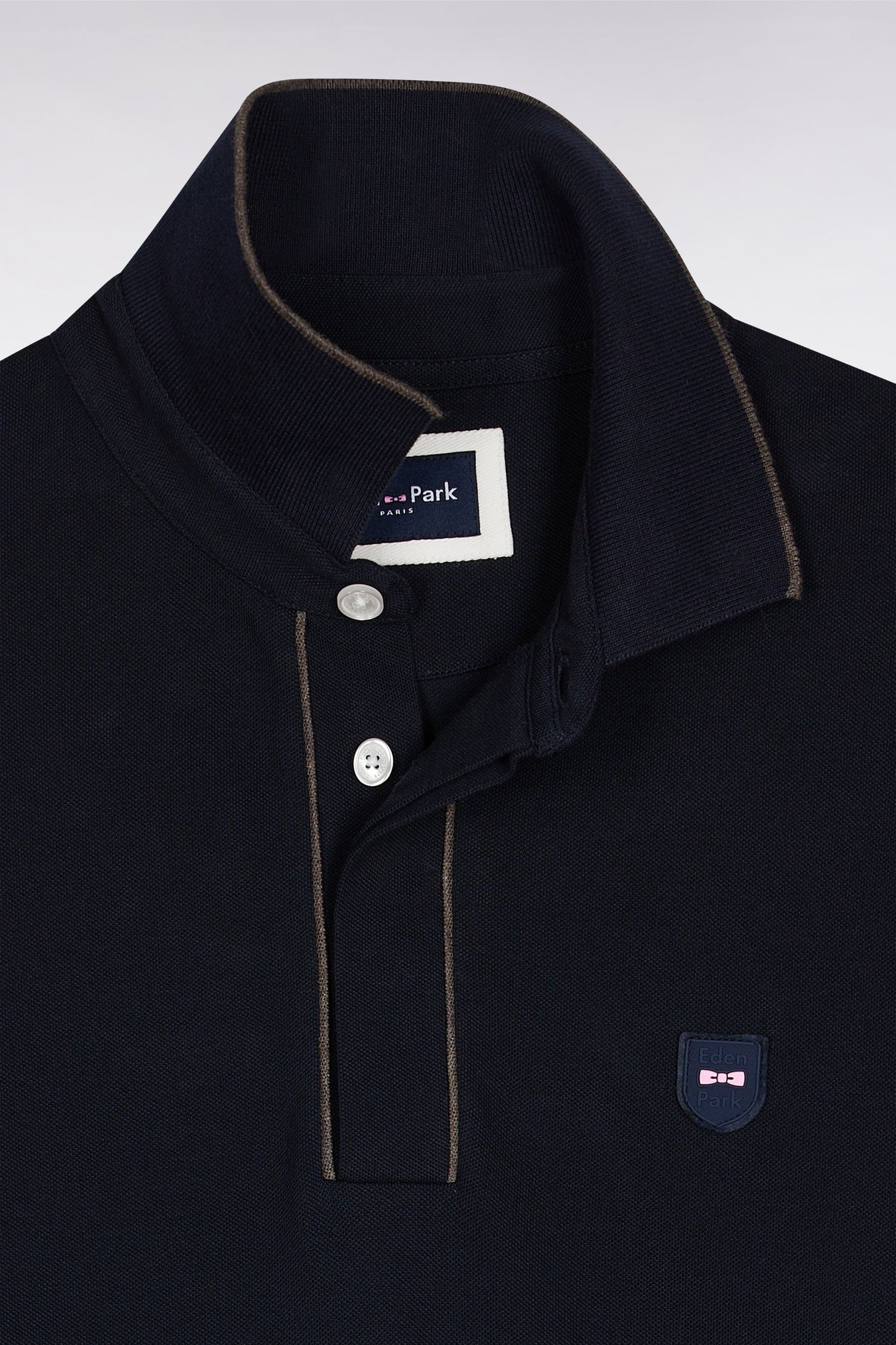 Polo à manches longues en coton stretch marine passepoilé coupe slim