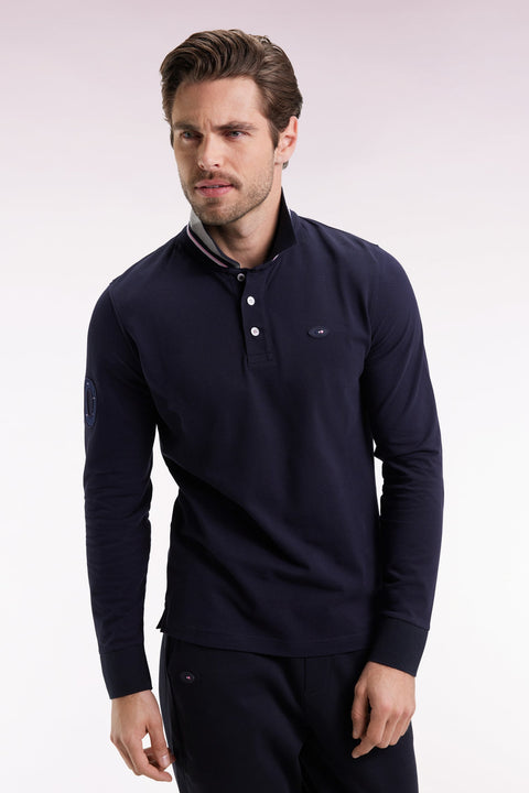 Polo à manches longues en coton marine brodé coupe droite - Image 1