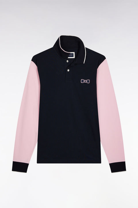 Polo à manches longues bicolore marine et rose à nœud papillon - Image 2