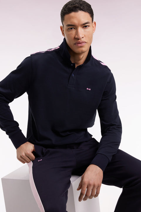 Polo à manches longues en piqué coton marine galon rose siglé - Image 3