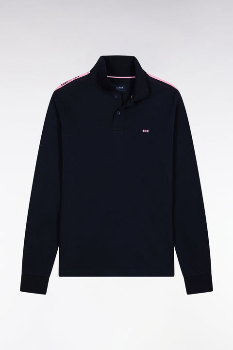 Polo à manches longues en piqué coton marine galon rose siglé - Image 2