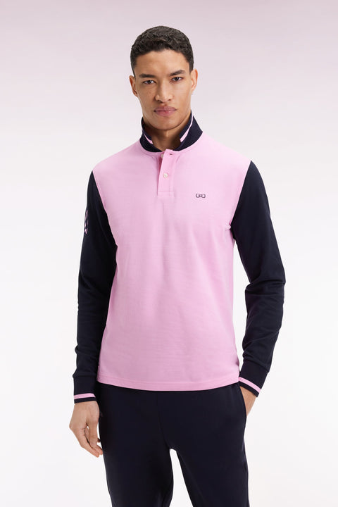 Polo à manches longues en piqué coton bicolore rose broderie 10 - Image 1