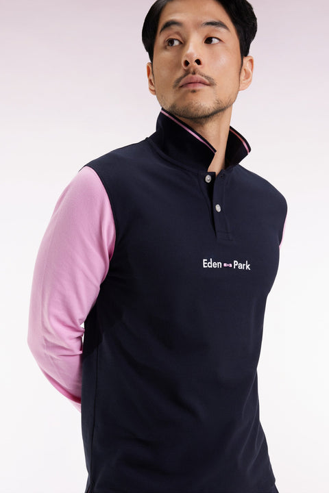 Polo à manches longues en piqué coton bicolore rose logo Eden Park - Image 3