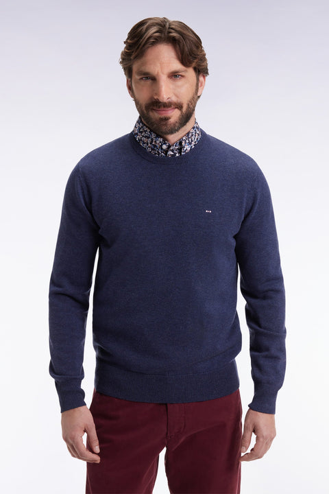 Pull col rond en laine et coton bleu foncé - Image 1