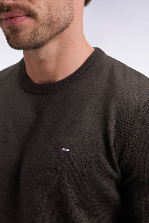 Pull col rond en laine et coton vert bouteille - Image 3