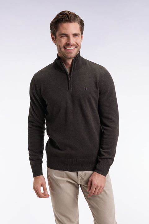 Pull col camionneur en laine et coton vert bouteille - Image 1