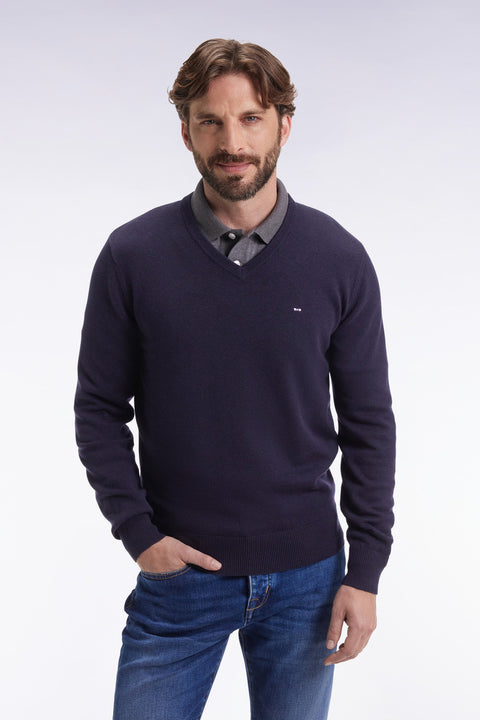 Pull col V en laine et coton bleu foncé - Image 1